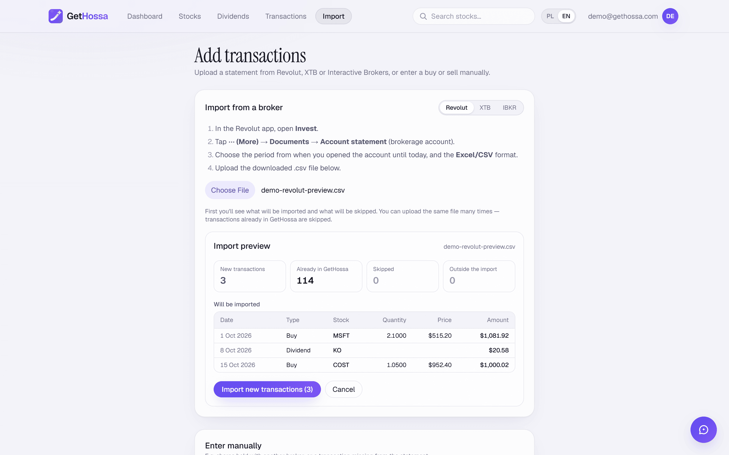 GetHossa import page: a broker selector with Revolut, XTB and IBKR, step-by-step instructions for exporting an Interactive Brokers Activity Statement as CSV, a file upload button, and below it a form for entering a purchase, sale or dividend by hand.