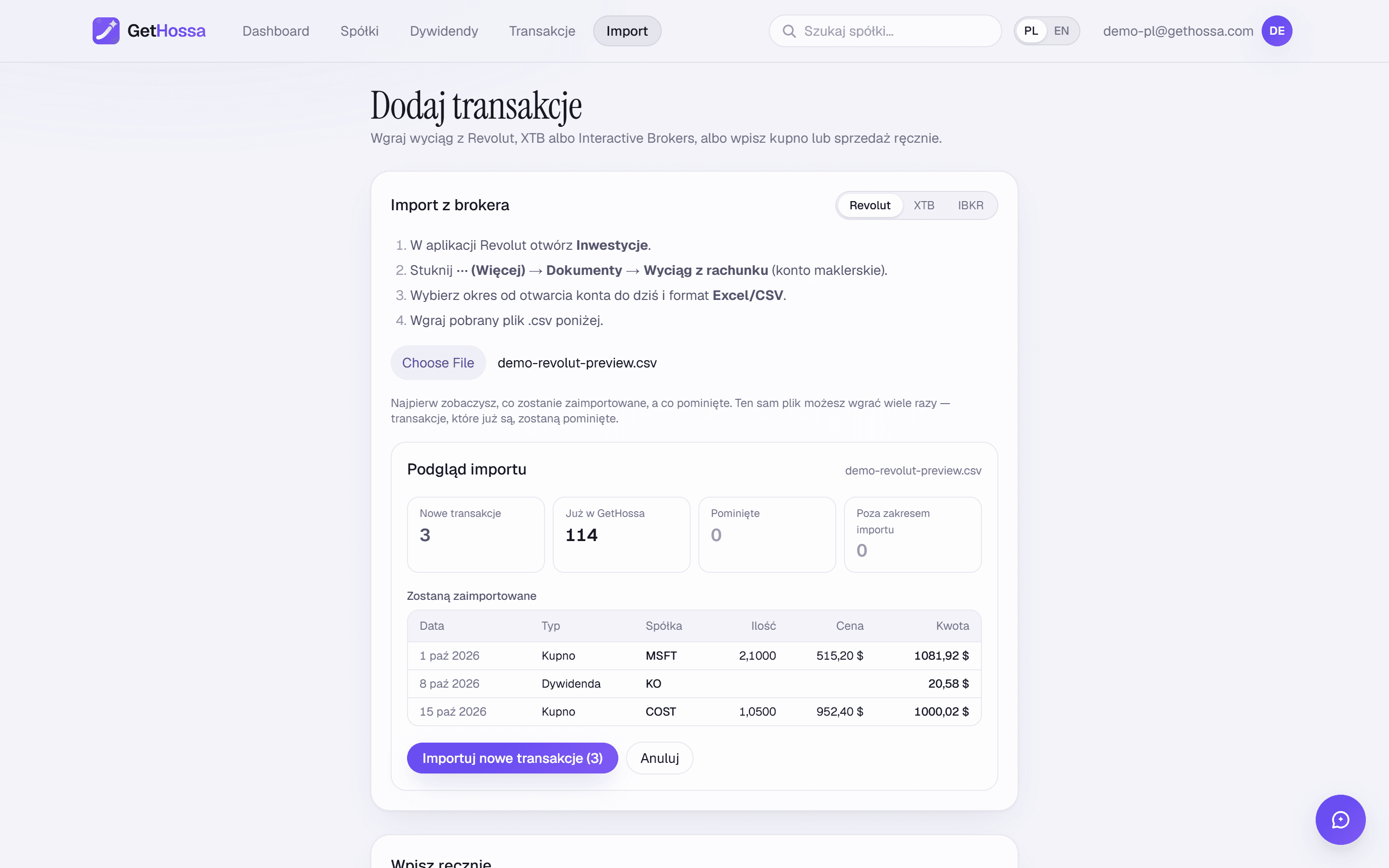 Strona importu w GetHossa: wybór brokera (Revolut, XTB, IBKR), instrukcja krok po kroku, jak pobrać wyciąg, przycisk wgrania pliku, a pod spodem formularz do ręcznego wpisania kupna, sprzedaży lub dywidendy.